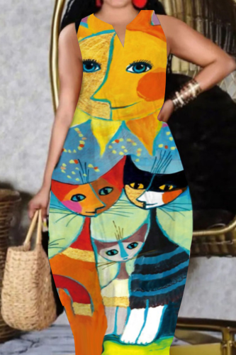 Colour Casual Print Patchwork O Neck Straight Dresses