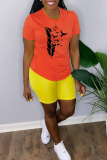 Orange Casual Print Patchwork O-hals T-shirts