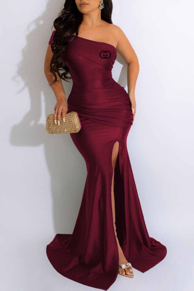 

Burgundy Sexy Print Slit Letter Off the Shoulder Wrapped Skirt Dresses