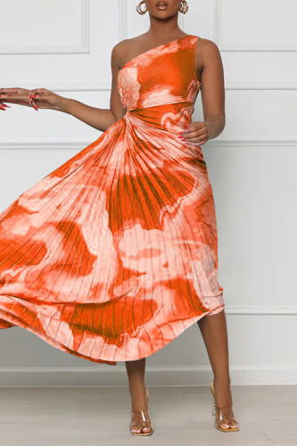 Tangerine Red Street Print Patchwork Fold Asymmetrical Oblique Collar Straight Dresses
