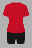 Красный Черный Повседневная печать Пэчворк О-образный вырез С короткими рукавами Из двух частей