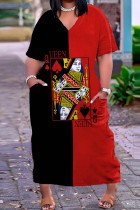 Schwarz Rot Casual Print Basic V-Ausschnitt Kurzarm Kleid Kleider