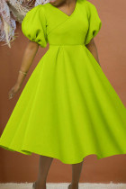 Фруктово-зеленое повседневное элегантное однотонное вечернее платье в стиле пэчворк с V-образным вырезом Платья