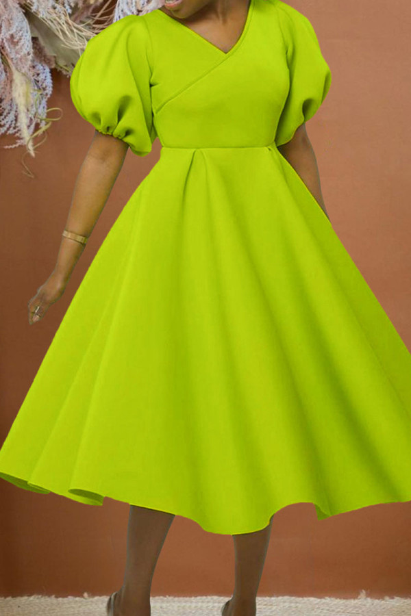 Fruit Green Casual Elegant Solid Patchwork V-Ausschnitt Abendkleid Kleider