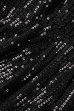 Vestido de noche asimétrico de patchwork de lentejuelas ahuecado con borlas sólidas sexy negro Vestidos