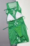 Ensemble de trois pièces de maillot de bain transparent évidé à bandage solide vert sexy (avec rembourrages)