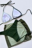 Зеленый сексуальный лоскутный твердый бандажный контрастный купальник с открытой спиной из трех частей (с прокладками)