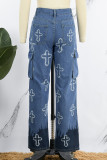 Babyblå Casual Street Print Patchwork jeans med mid midja