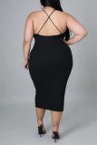 Черное сексуальное однотонное платье без рукавов на тонких бретелях с открытой спиной Платья больших размеров