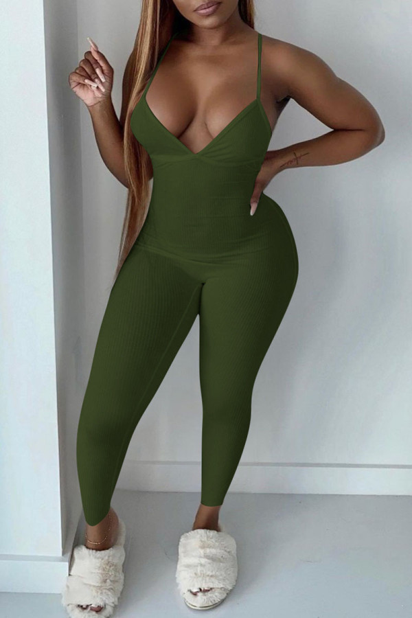 Army Green Sexig Solid Patchwork Spaghetti Strap Skinny Jumpsuits