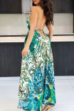 Color Sexy Vacation Print Patchwork Backless Halter A Line Robes