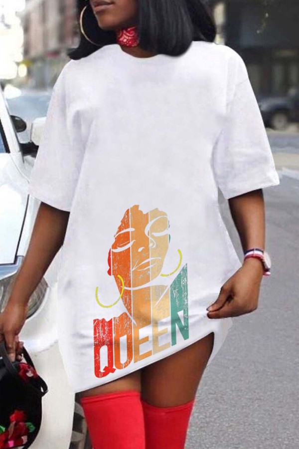 Weiß Casual Print Basic O-Ausschnitt T-Shirt Kleid Kleider