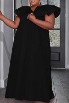 ブラック カジュアル ソリッド パッチワーク Vネック ロングドレス プラスサイズドレス