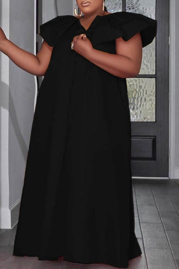 Черное повседневное однотонное длинное платье в стиле пэчворк с V-образным вырезом Платья больших размеров