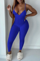 Deep Blue Sexy Solid Patchwork Spaghetti Strap Skinny Jumpsuits