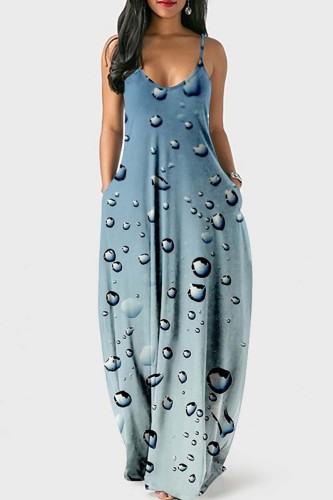 Light Blue Sexy Casual Print Backless Spaghetti Strap Long Dress Dresses