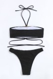 Черный сексуальный однотонный купальник в стиле пэчворк со стразами и открытой спиной (с прокладками)