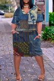 Blå Casual Print Patchwork Pocket V-ringad kortärmad klänning