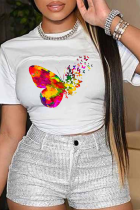 Witte casual T-shirts met patchwork met vlinderprint en ronde hals