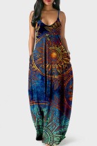Blue Sexy Casual Print Backless Long Dress Dresses