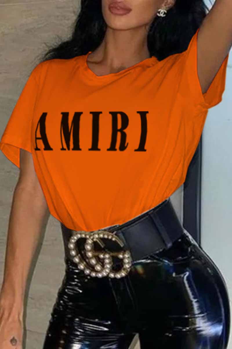 

Orange Casual Print Letter O Neck T-Shirts