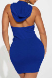 Blauwe casual effen patchwork jurken zonder rug met capuchon
