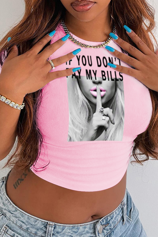Roze sexy T-shirts met letter O-hals
