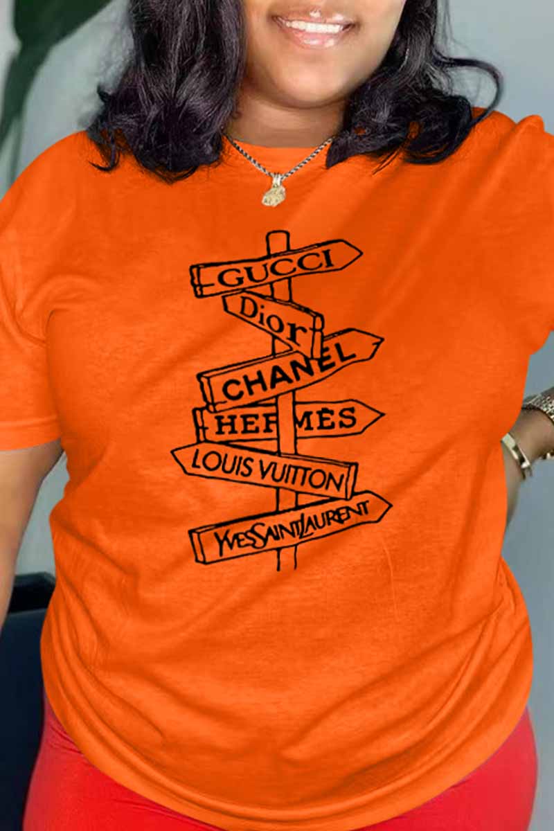 

Tangerine Red Casual Print Letter O Neck T-Shirts