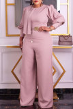 Pink Casual Solid Patchwork O Neck Regular Jumpsuits