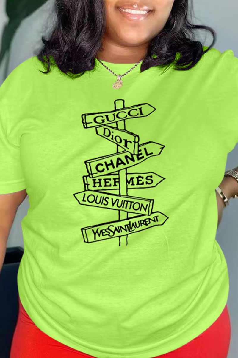 

Fluorescent Green Casual Print Letter O Neck T-Shirts
