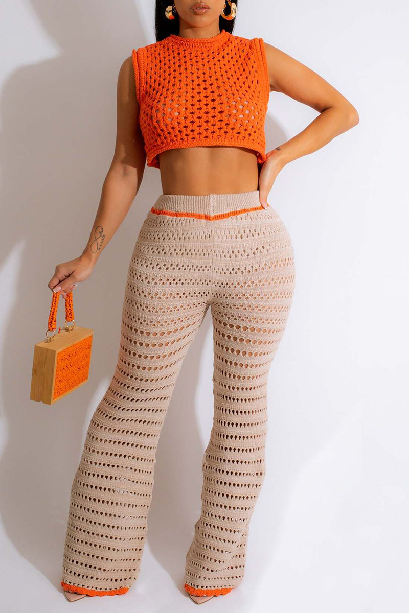 

Orange Sexy Solid Hollowed Out Patchwork O Neck Sleeveless Two Pieces