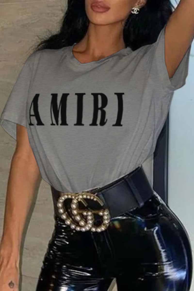 

Grey Casual Print Letter O Neck T-Shirts