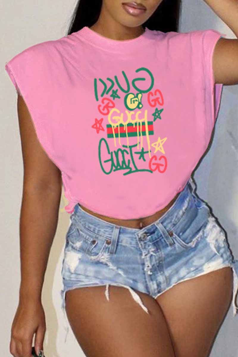 

Pink Casual Print Letter O Neck T-Shirts