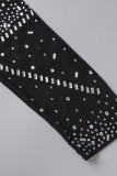 Schwarze, sexy, solide, durchsichtige Patchwork-Federn mit heißem Bohrer und V-Ausschnitt, Bleistiftrockkleider