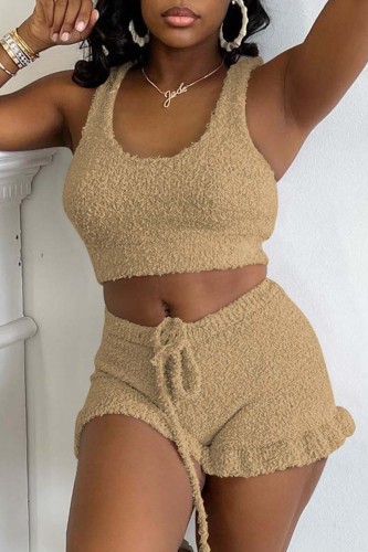 Khaki Sexy Casual Solid Basic U Neck Sleeveless Two Pieces