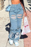Jeans jeans cintura alta azul street sólido rasgado com patchwork antigo
