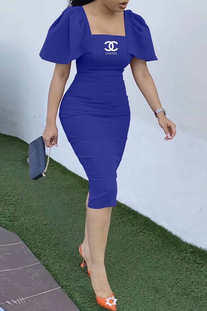 

Royal Blue Casual Print Letter Square Collar One Step Skirt Dresses