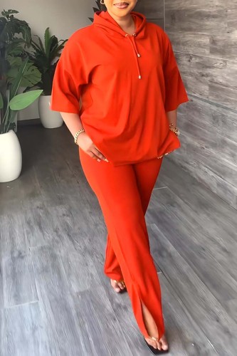 Orange Casual Solid Basic Hooded Collar Long Sleeve Two Pieces