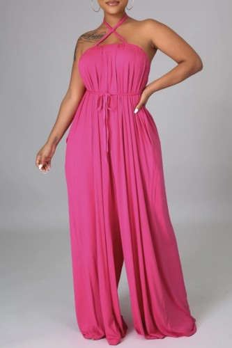 Rose Red Casual Solid Bandage Backless Spaghetti Strap Loose Jumpsuits