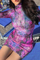 Púrpura sexy impresión patchwork medio cuello alto lápiz falda vestidos