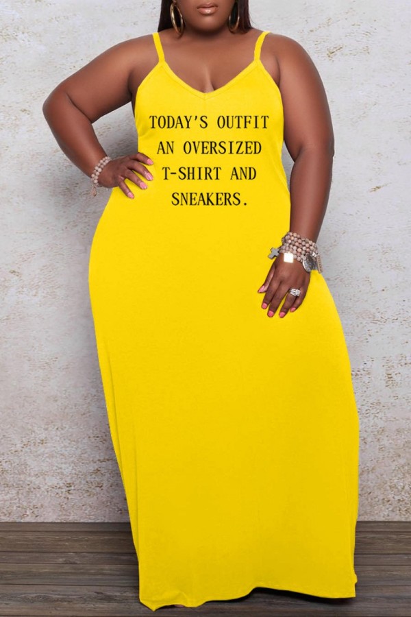 Желтое сексуальное повседневное с буквенным принтом, однотонное длинное платье с открытой спиной и бретельками, платья больших размеров