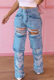Blue Street Solid Ripped Make Old Patchwork Denim Jeans met hoge taille