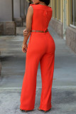 Tangerine Red Casual Solid Patchwork mit Gürtel V-Ausschnitt Straight Jumpsuits (Contain The Belt)