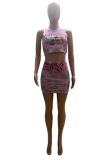 Pink Sexy Print Patchwork O Neck Sleeveless Two Pieces