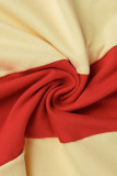 Красный сексуальный лоскутный бинт с открытой спиной асимметричный контрастный косой воротник без рукавов из двух частей