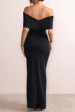 Черное сексуальное вечернее платье в стиле пэчворк с разрезом и открытыми плечами