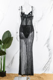 Черное сексуальное однотонное платье с блестками в стиле пэчворк, прозрачное длинное платье на тонких бретельках с горячей дрелью