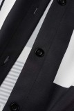 Robe chemise noire décontractée à col rabattu et patchwork géométrique (sans ceinture)