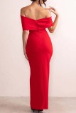 Red Sexy Formal Solid Patchwork Slit Off the Shoulder Evening Dress Dresses