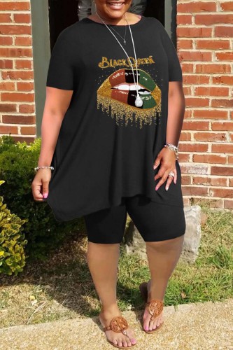 Black Casual Print Basic O Neck Short Sleeve Two Pieces
